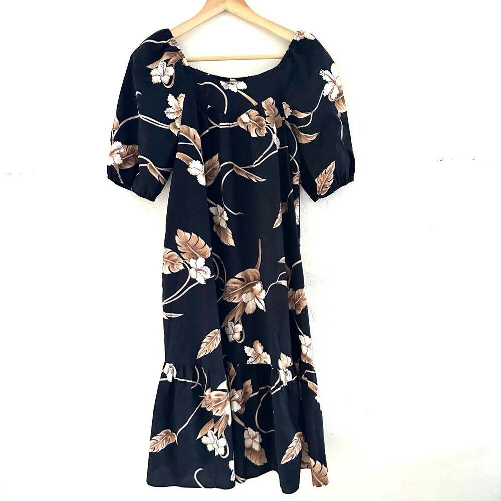 Hilo Hattie Cotton Midi Tier Muumuu Dress Puff‎ Sleeve Black Size Small Pocket